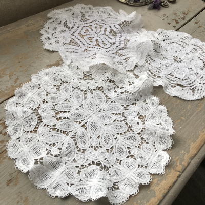 T2705　フランスアンティークレースドイリー3枚　リネンバテンレース/コットンバテンレース
