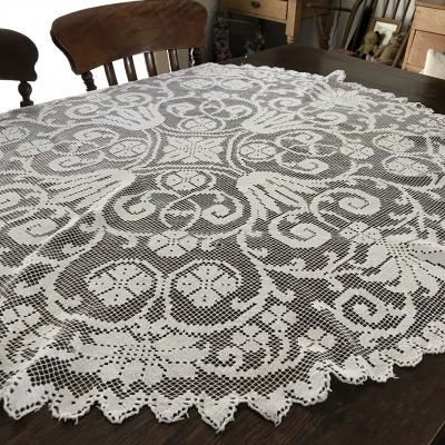 T2712　フランスアンティークレーステーブルクロス　ハンドワークコットンフィレレース 110x100cm　オーバル（楕円）