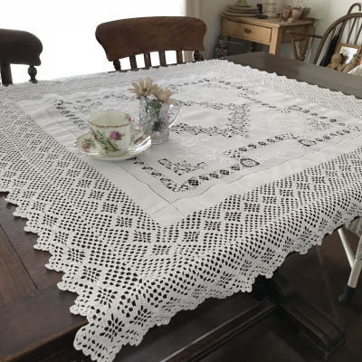 T2731　イギリスアンティークコットンテーブルクロス　ドロンワーク＆手刺繍コットン＆クロシェレース 95x95cm