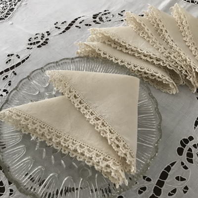 T2756　フランスアンティークリネンテーブルナプキン/リネンクロス8枚　ボビンレース＆リネン 21x21cm