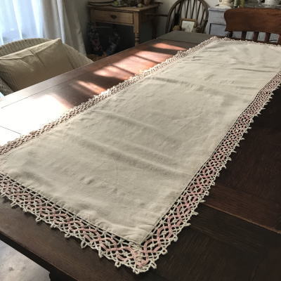 【日本発送】T2794 フランスアンティークリネンテーブルランナー　生成りリネン＆ボビンレース 1m44