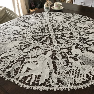T2806 フランスアンティークレーステーブルクロス　リネンニードルポイントレース　直径90cm