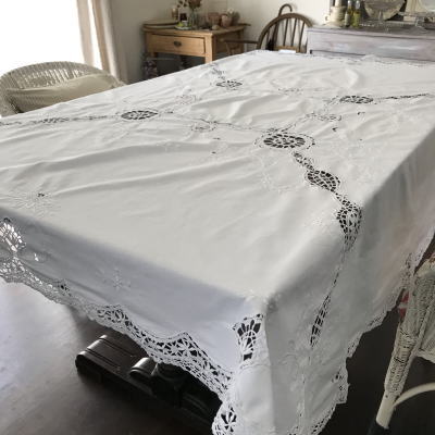 T2816 フランスアンティークレース＆コットン/ロングテーブルクロス　手刺繍コットン＆ボビンレース　169x169cm