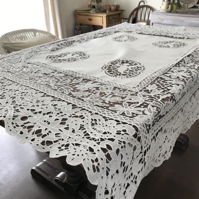 T2819 フランスアンティークレース＆リネン/ロングテーブルクロス　天使柄手刺繍リネン＆ボビンレース　159x132cm