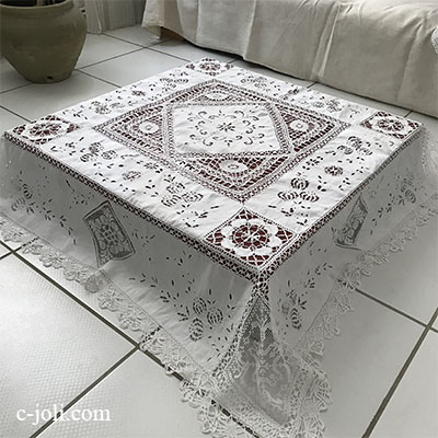 【パリ発送】T2865 フランスアンティークリネンテーブルクロス　カットワーク手刺繍リネン＆フィレレース＆ボビンレース 155x153cm