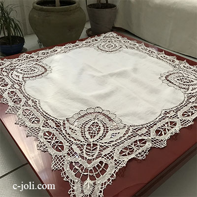 【パリ発送】T2882 フランスアンティークリネンテーブルクロス　ボビンレース＆リネンテーブルクロス 生成り 85x84cm