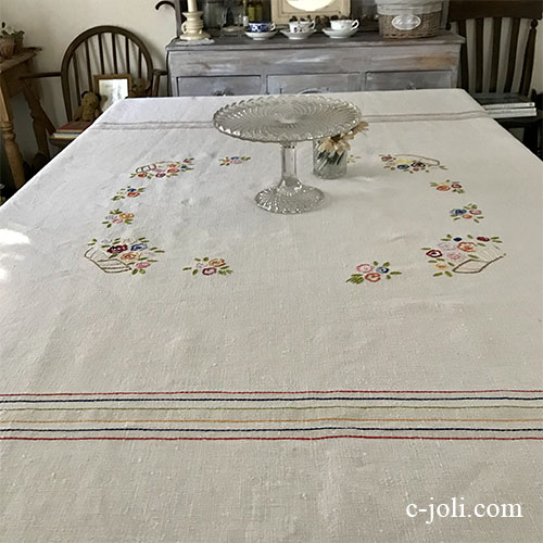 T2947 フランスアンティークリネン大判テーブルクロス 手刺繍リネンクロス 185x108cm