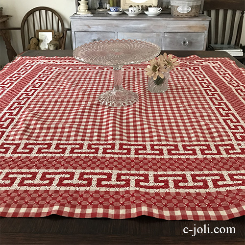 T2949 フランスアンティークリネンテーブルクロス　手刺繍ステッチ赤白チェック柄リネンクロス 87x85cm