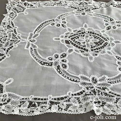 【パリ発送】T3037 フランスアンティークレース＆綿ローンテーブルクロス　綿ローン＆バテンレース 90x68cm