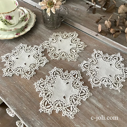 T3039 フランスアンティークレース＆リネンドイリーセット　カットワーク手刺繍リネン＆ボビンレース 4枚