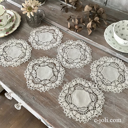 T3040 フランスアンティークレース＆リネンドイリーセット　リネン＆ボビンレース 6枚