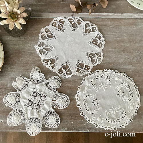 T3041 フランスアンティークドイリーセット　カットワーク手刺繍リネン/リネン＆ノッテッドレース/リネン＆マシーンレース 3枚