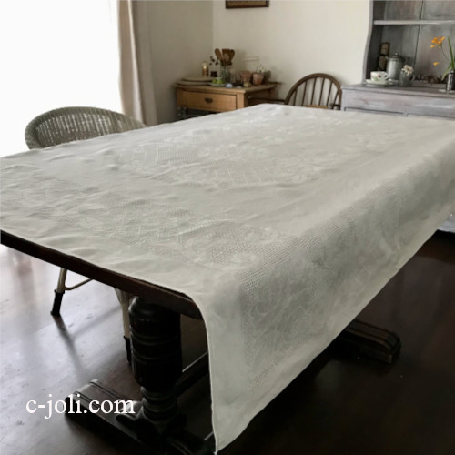 T3049 イギリスアンティークリネン大判テーブルクロス　ダマスク織リネンクロス 生成り 172x126cm