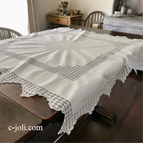 T3052 イギリスアンティークドロンワークテーブルクロス　ドロンワークコットンクロス 112x108cm