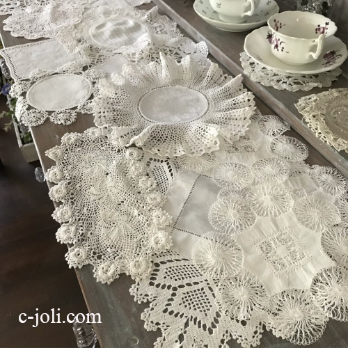 T3062 イギリスアンティークドイリー15枚　ダマスク織リネン＆クロシェレース/リネン＆ノッテッドレース/ボビンレースetc