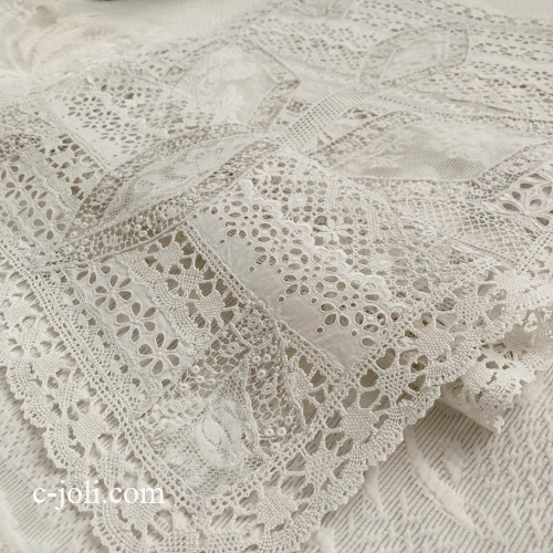 【パリ発送】T3082フランスアンティークリネン＆レーステーブルランナー　カットワーク手刺繍リネン＆マシーンレース 77cm
