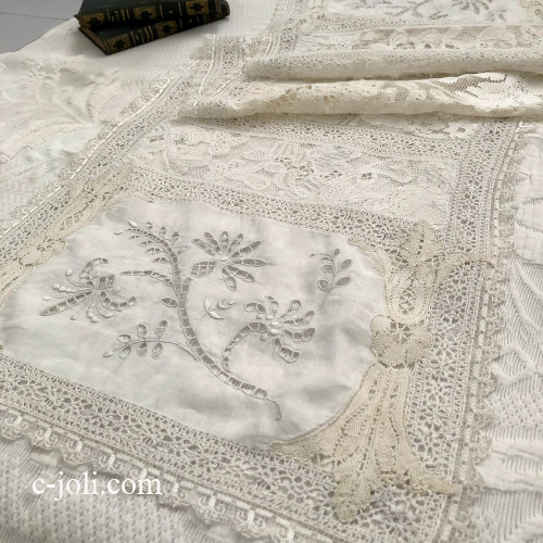 【パリ発送】T3083 フランスアンティークリネン＆レーステーブルランナー　カットワーク手刺繍リネン＆ボビンレース＆フィレレース 1m59