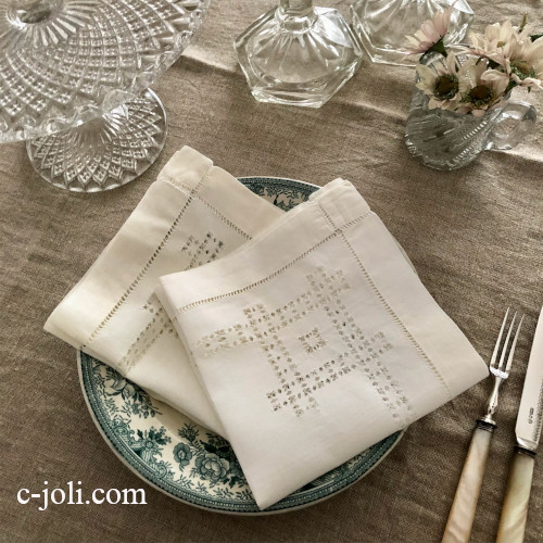 T3097 フランスアンティークリネンテーブルナプキン/アンティーククロス2枚　ドロンワークリネン  30x29cm 生成り
