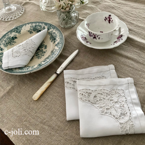 T3099 フランスアンティークリネンテーブルナプキン/リネンクロス/アンティーククロス3枚　リネン＆ニードルポイントレース 26x26cm