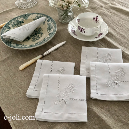 T3100 フランスアンティークリネンテーブルナプキン/アンティーククロス5枚　ドロンワークリネン＆手刺繍モノグラム 25x24cm