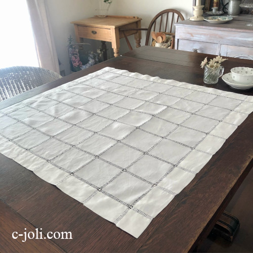 T3107 フランスアンティークリネンテーブルクロス　ドロンワークリネンクロス 73x71cm