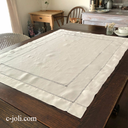 T3109 フランスアンティークリネンテーブルクロス/テーブルセンター　ドロンワークリネン 92x73cm
