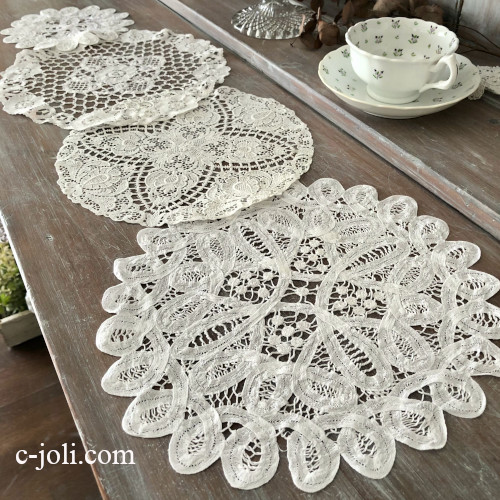 T3116  フランスアンティークレースドイリー4枚　コットン/リネンバテンレース＆ケミカルレース