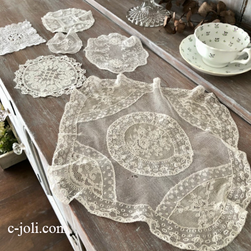 T3117  フランスアンティークレースドイリー6枚　手刺繍チュールレース/ノルマンディレース/フィレレース/マシーンレース