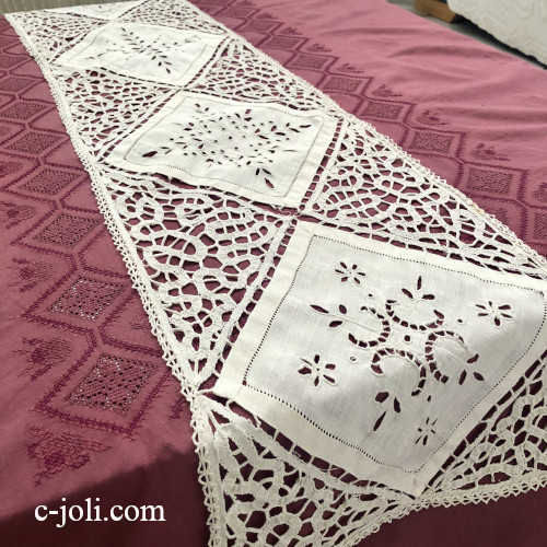 【パリ発送】T3123 フランスアンティークリネン＆レーステーブルランナー　カットワーク手刺繍リネン＆バテンレース 1m20 生成り