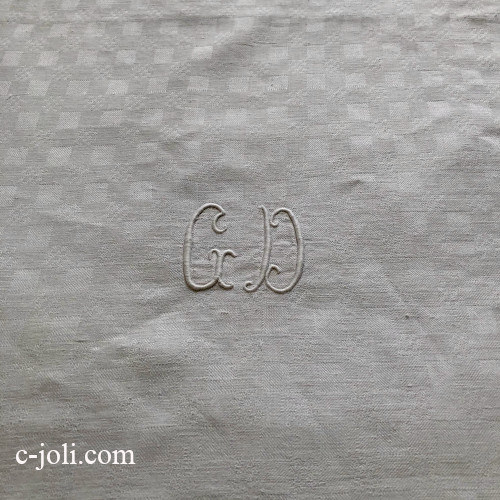 【パリ発送】T3142 フランスアンティークリネン大判テーブルクロス　手刺繍モノグラム＆ダマスク織リネンクロス 152x237cm 