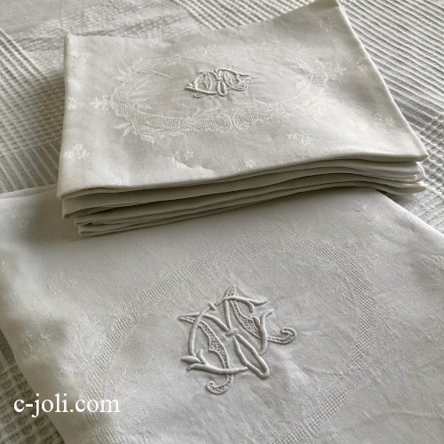 【パリ発送】T3144 フランスアンティークリネン大判テーブルクロス＆テーブルナプキン　手刺繍モノグラム＆ダマスク織リネンクロス 235x162cm