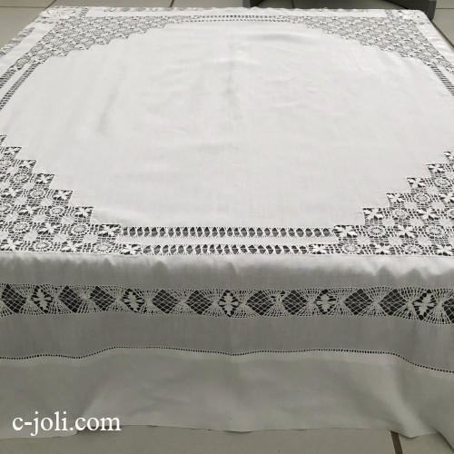 【パリ発送】T3153 フランスアンティークリネン大判テーブルクロス　ドロンワーク手刺繍リネンクロス132x131cm