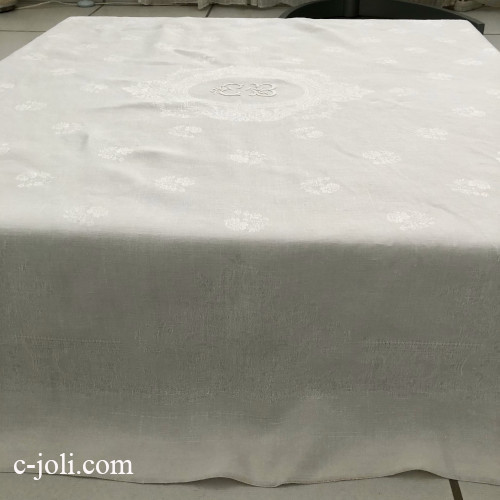 【パリ発送】T3155 フランスアンティークリネン大判テーブルクロス　手刺繍モノグラム＆ダマスク織リネンクロス 141x136cm