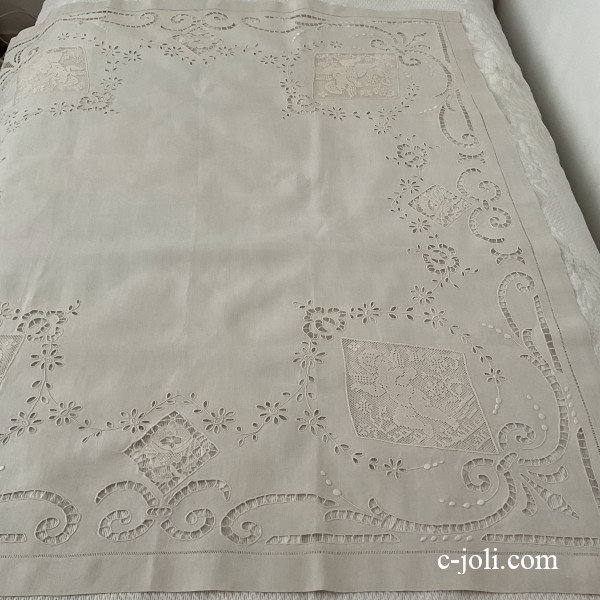 パリ発送】T3176 フランスアンティークリネン大判テーブルクロス 生成