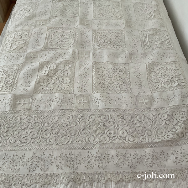 パリ発送】T3178 フランスアンティークリネン大判テーブルクロス 手