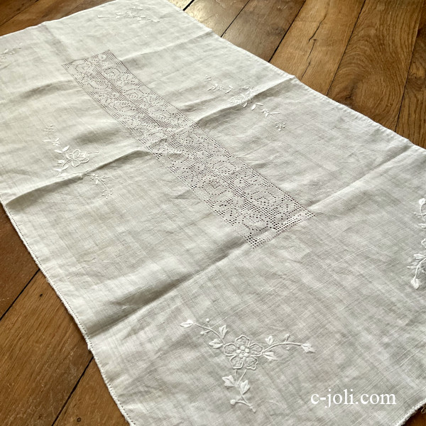 フランス 大判 テーブルクロス リネン 刺繍 花 麻 ベージュ ヴィンテージ Jubilee（ジュビリー） 洗いざらし 天然麻 100% テーブルランナー 花柄