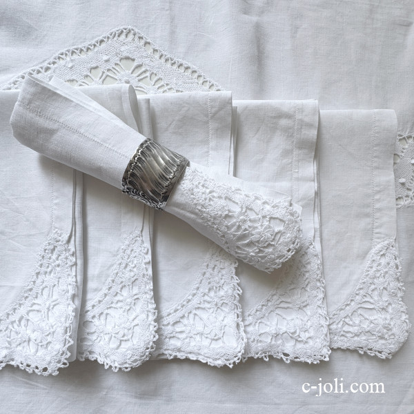 【パリ発送】T3208  フランスアンティークリネンテーブルナプキン/リネンクロス6枚　リネン＆ボビンレース 47x51cm
