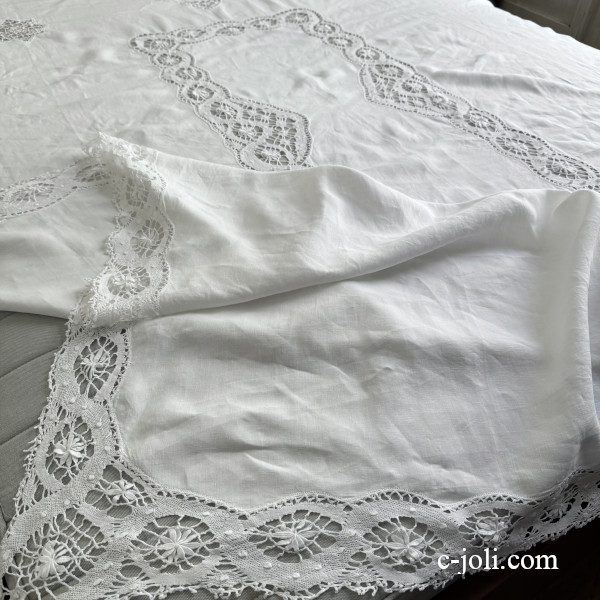 【パリ発送】T3212  フランスアンティークリネン大判テーブルクロス　リネン＆ボビンレース 175x276cm