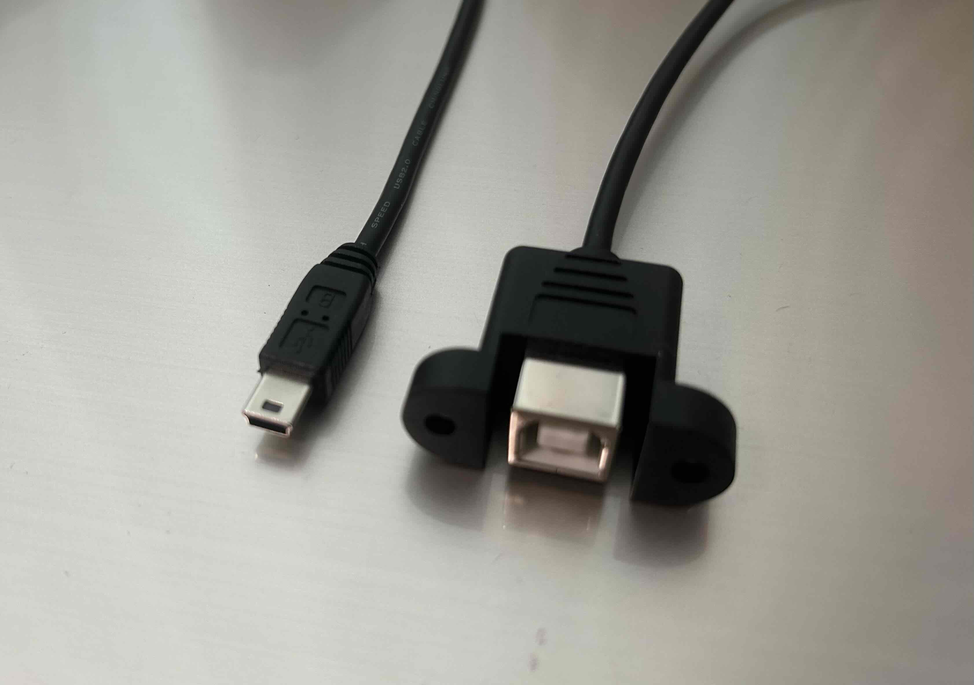 【USBパネルマウントケーブル】USB2.0ケーブル    ミニBコネクタ オス－パネルマウントBコネクタ メス　【シンプル結線】＜パネルマウント中継用ケーブル＞