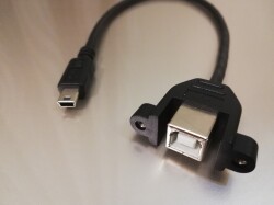 【USBパネルマウントケーブル】USB2.0ケーブル    ミニBコネクタ オス－パネルマウントBコネクタ メス　【ストレート結線】 ＜パネルマウント中継用ケーブル　取付ネジピッチ30ｍｍ＞