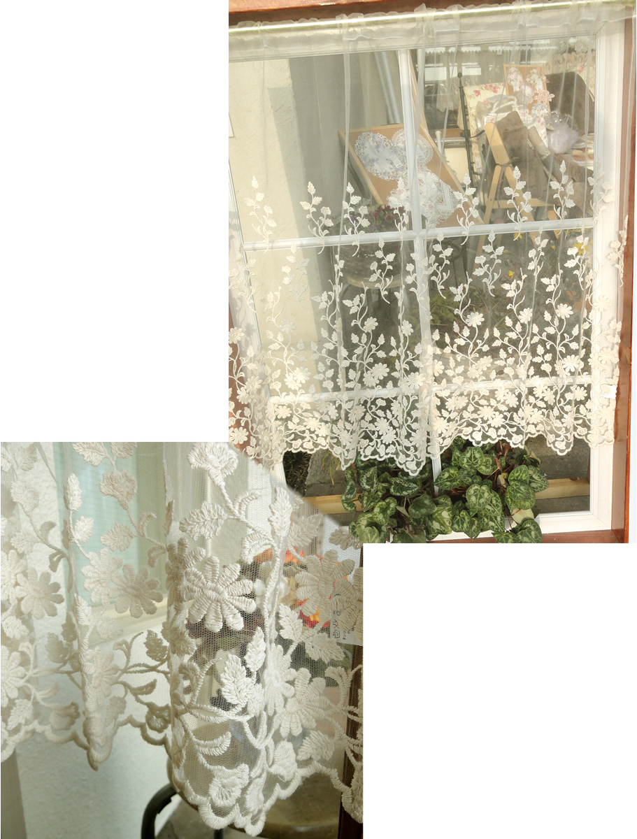 【縦90cm】【ロング】アイボリーチュールにコットンのお花刺繍　の珍しいカフェカーテン　北欧風