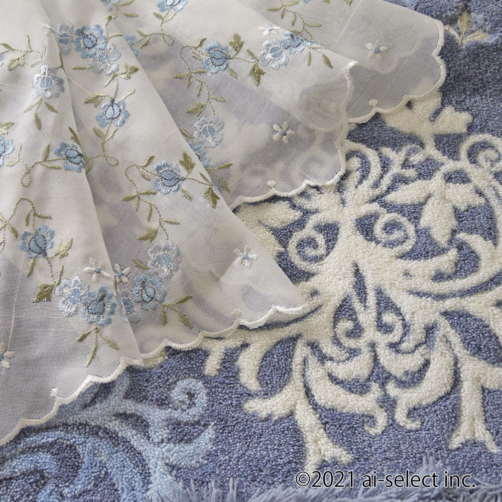 花言葉　夢が叶う。ブルーローズ『カフェカーテン』【縦45ｃｍ】ショート 半透明のオフホワイトの生地に薄色ブルーローズの刺繍　濃すぎない優しいブルー