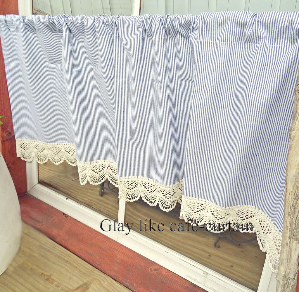 【縦約45cm】流行りのグレーにコットンレースの洗練セットアップ『カフェカーテン』ショート*お洒落に目かくし ストライプ シンプル