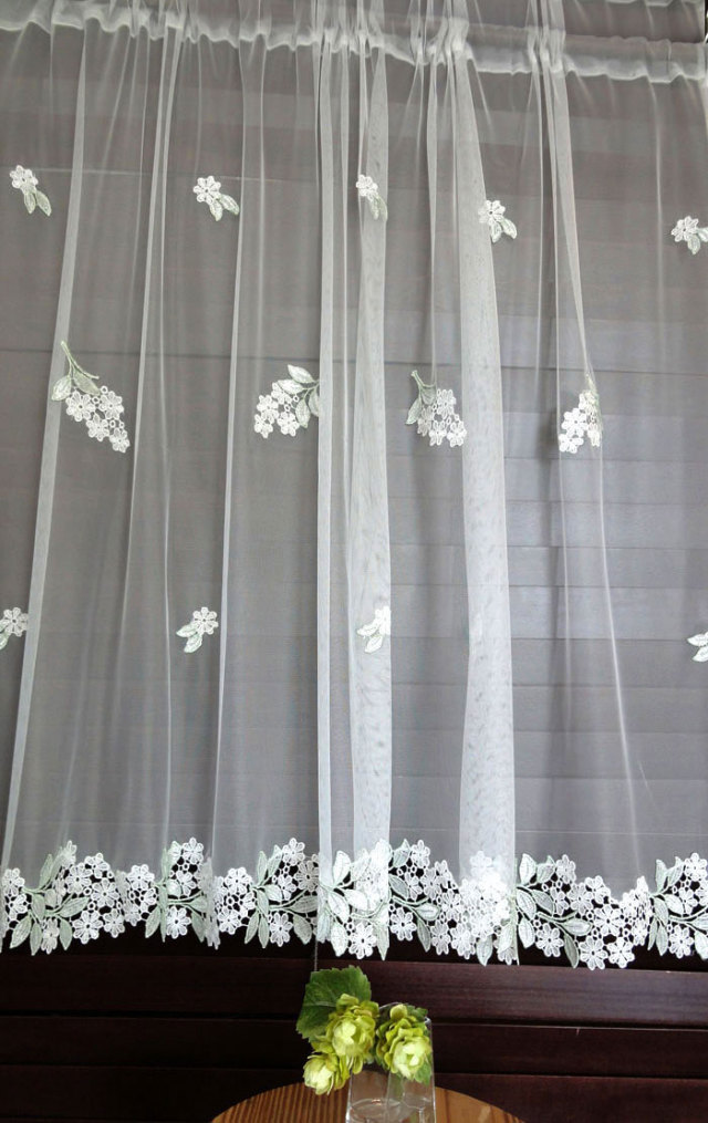 縦約90cm】チュールに模様部分は、レースアップリケ『カフェカーテン