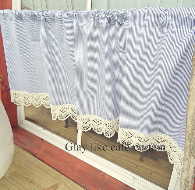 【縦約45cm】流行りのグレーにコットンレースの洗練セットアップ『カフェカーテン』ショート*お洒落に目かくし ストライプ シンプル