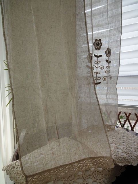 【縦180cm　のれん】ナチュラル★モチーフアップリケ麻(リネン)混