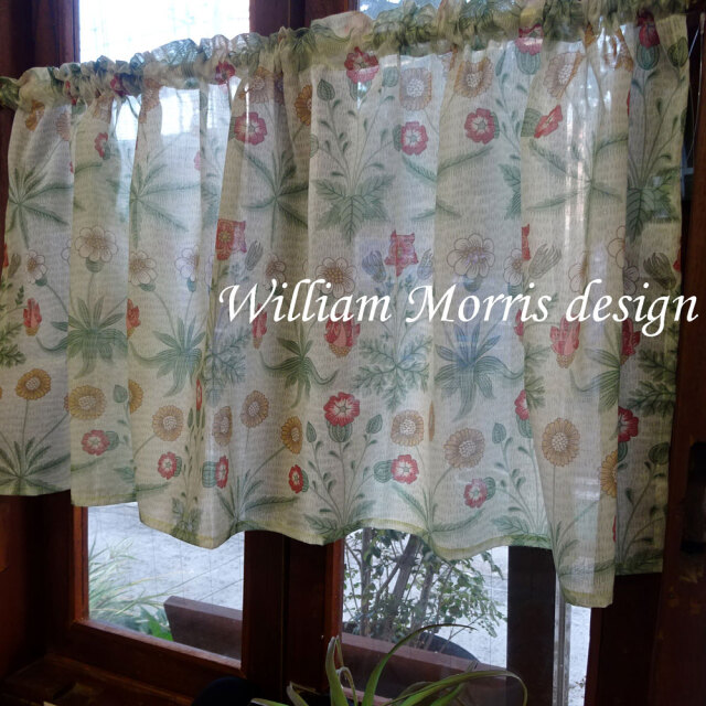 横145x縦45cm 上質 おしゃれ模様 カフェカーテン セミロング ウィリアムモリスデザイン イギリス 縫製日本 アールヌーボー アールデコ おしゃれ 可愛い オレンジ グルーン 草花 防炎