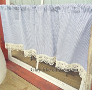 【縦約45cm】流行りのグレーにコットンレースの洗練セットアップ『カフェカーテン』ショート*お洒落に目かくし ストライプ シンプル