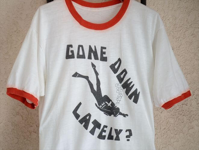 80's ヴィンテージ ダイビングプリント トリムTシャツ sizeLくらい ホワイトｘレッド メンズ レディース 古着