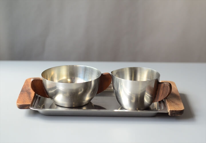 デンマーク製 クリーマー シュガーボウル トレイの3点セット チークハンドルｘステンレス 北欧食器 北欧雑貨 ヴィンテージ_240508